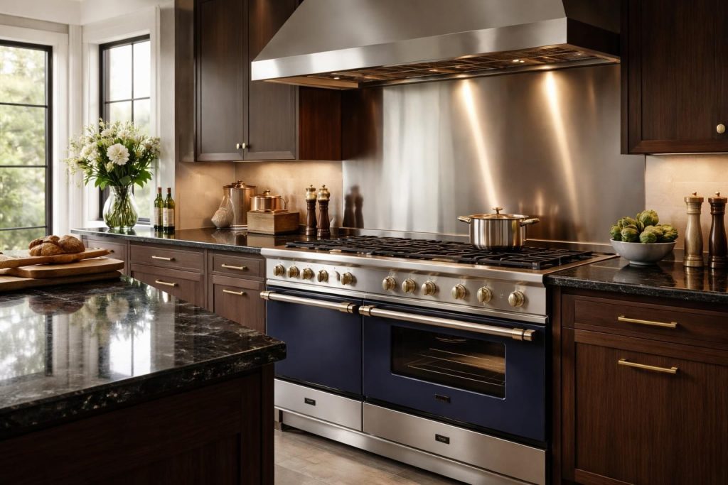 découvrez comment créer une cuisine gastronomique élégante en associant l'électroménager lacanche à un plan de travail en granit noir, alliant performance et design raffiné.