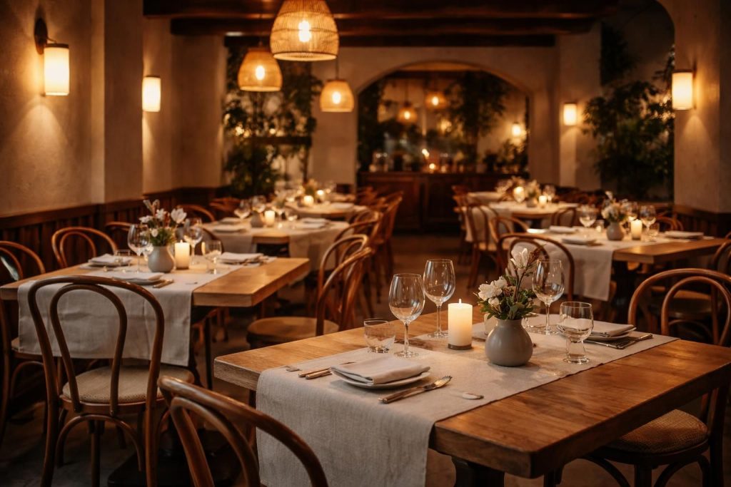 découvrez notre restaurant gastronomique alliant chaises thonet élégantes et tables en chêne massif pour une ambiance authentique et chaleureuse.